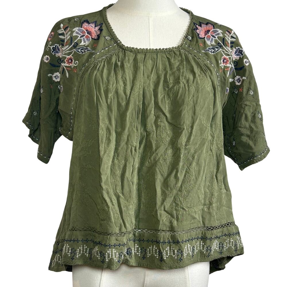 Knox Rose Blouse Small Green Rayon Embroidered Boho Peasant Indie Retro Cottage